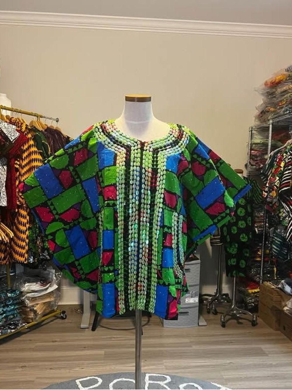 Colorful Beaded African Print Top - Green Blue Pink